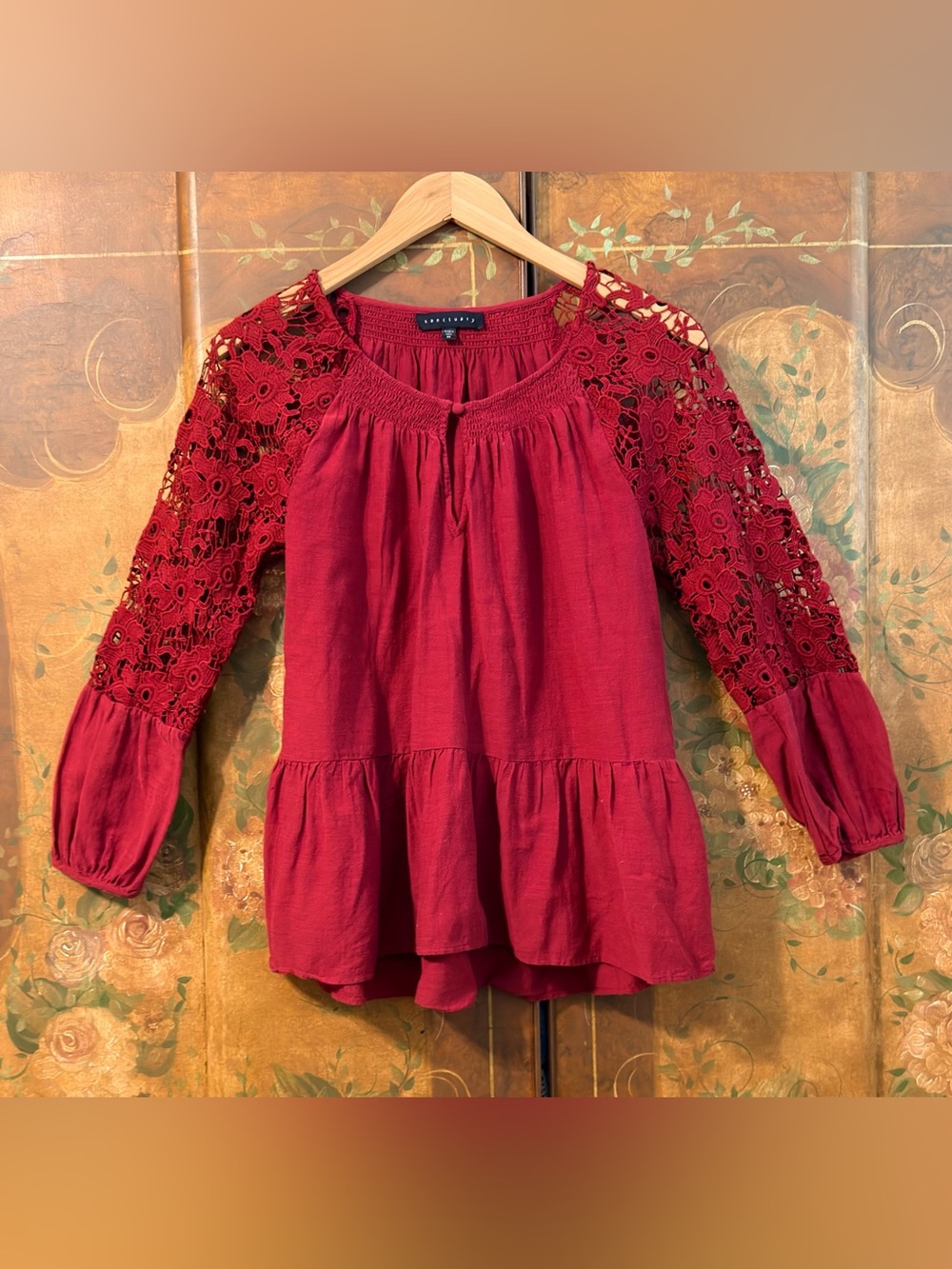 Sanctuary Dark Red Crochet-Sleeve Peasant Tunic